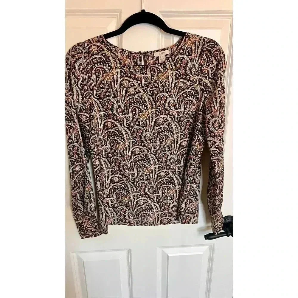 J.‎ Crew Women’s Size 0 Paisley Long Sleeve Blouse Shirt Keyhole Back